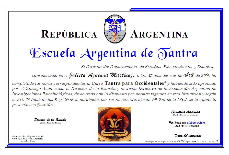 Certificación Oficial de Curso de Tantra otorgado por la Asociación Argentina de Investigaciones Psicobiológicas y la Fundación MenteClara